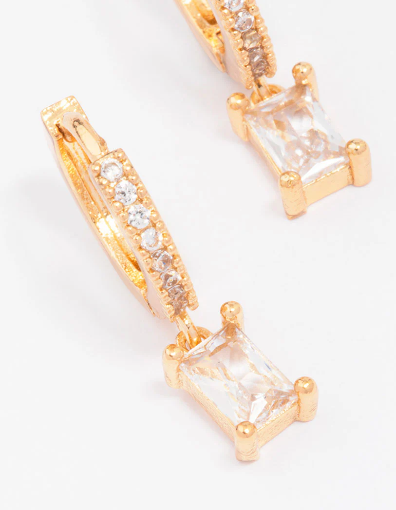 Gold Plated Pave Baguette Huggie Hoop Earrings - Image 2