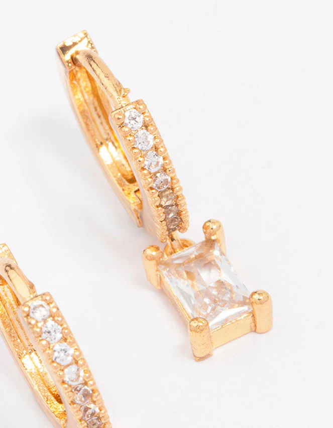 Gold Plated Pave Baguette Huggie Hoop Earrings - Image 3