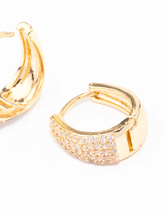 Gold Plated Pave Tapered Hoop Earrings - Image 2