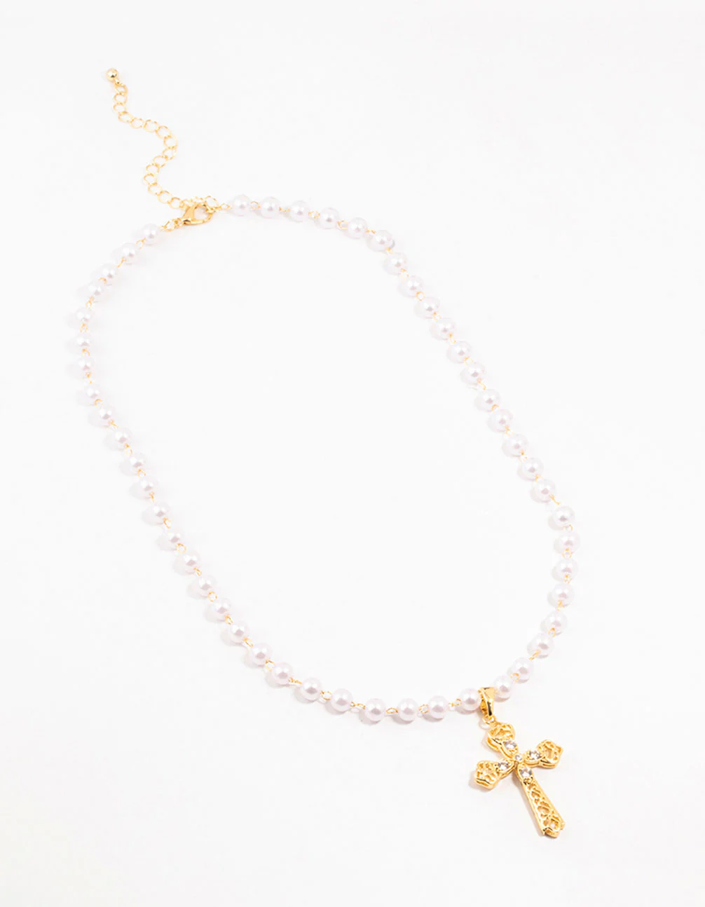 Gold Plated Pearl Baroque Cross Necklace - Image 2
