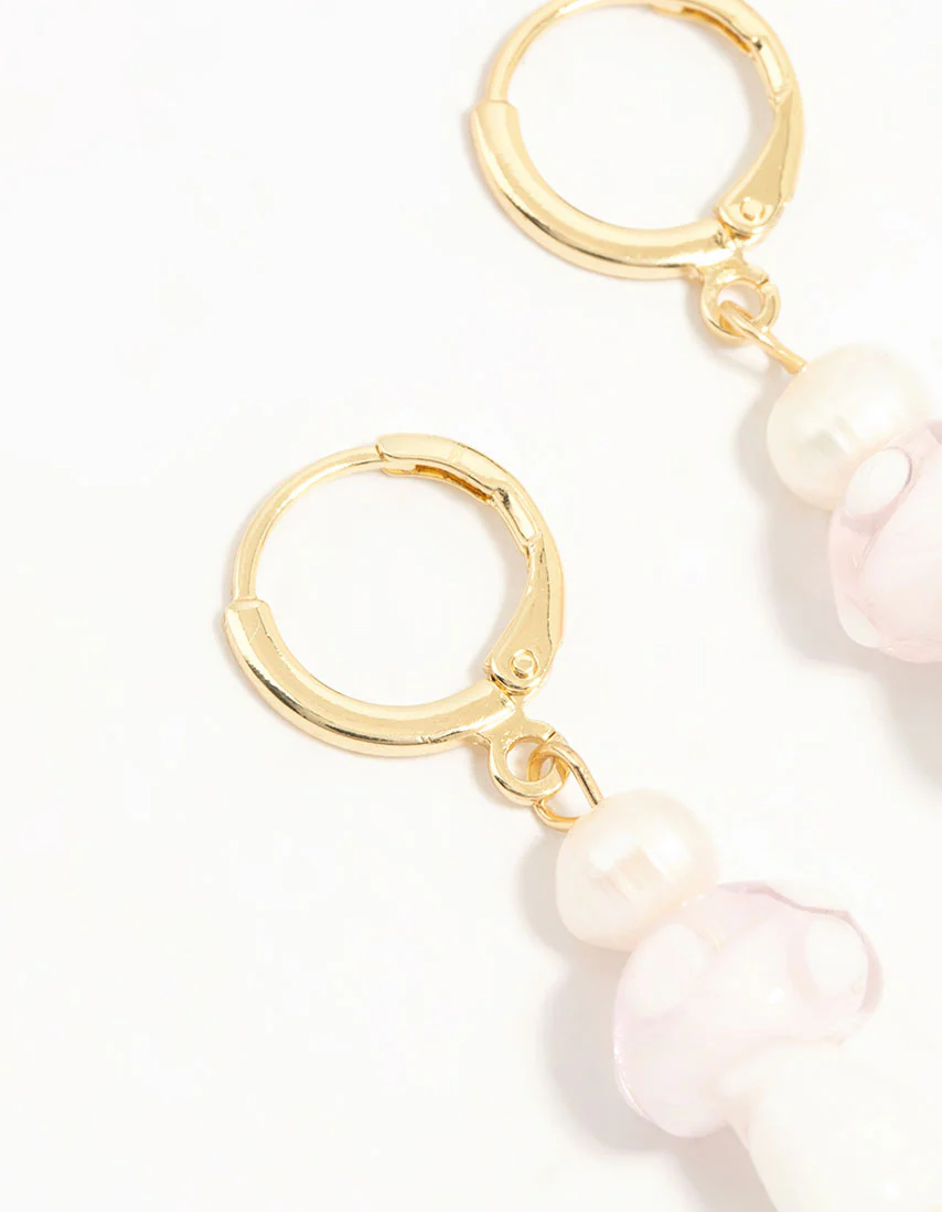 Gold Plated Pearl Beaded Mushroom Huggie Earrings - Image 4
