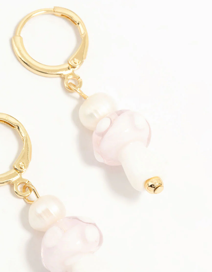 Gold Plated Pearl Beaded Mushroom Huggie Earrings - Image 5