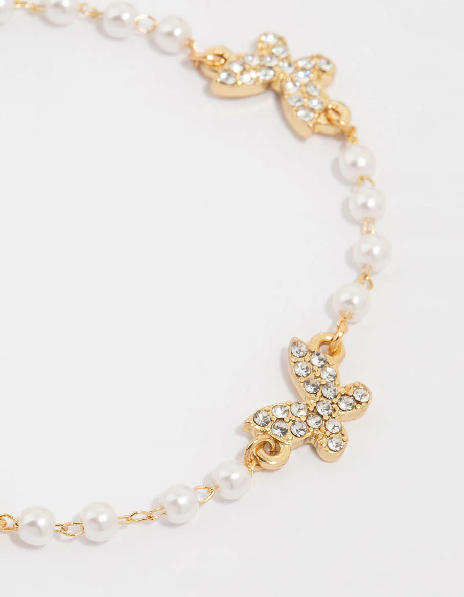 Gold Plated Pearl & Butterfly Charm Bracelet - Image 2