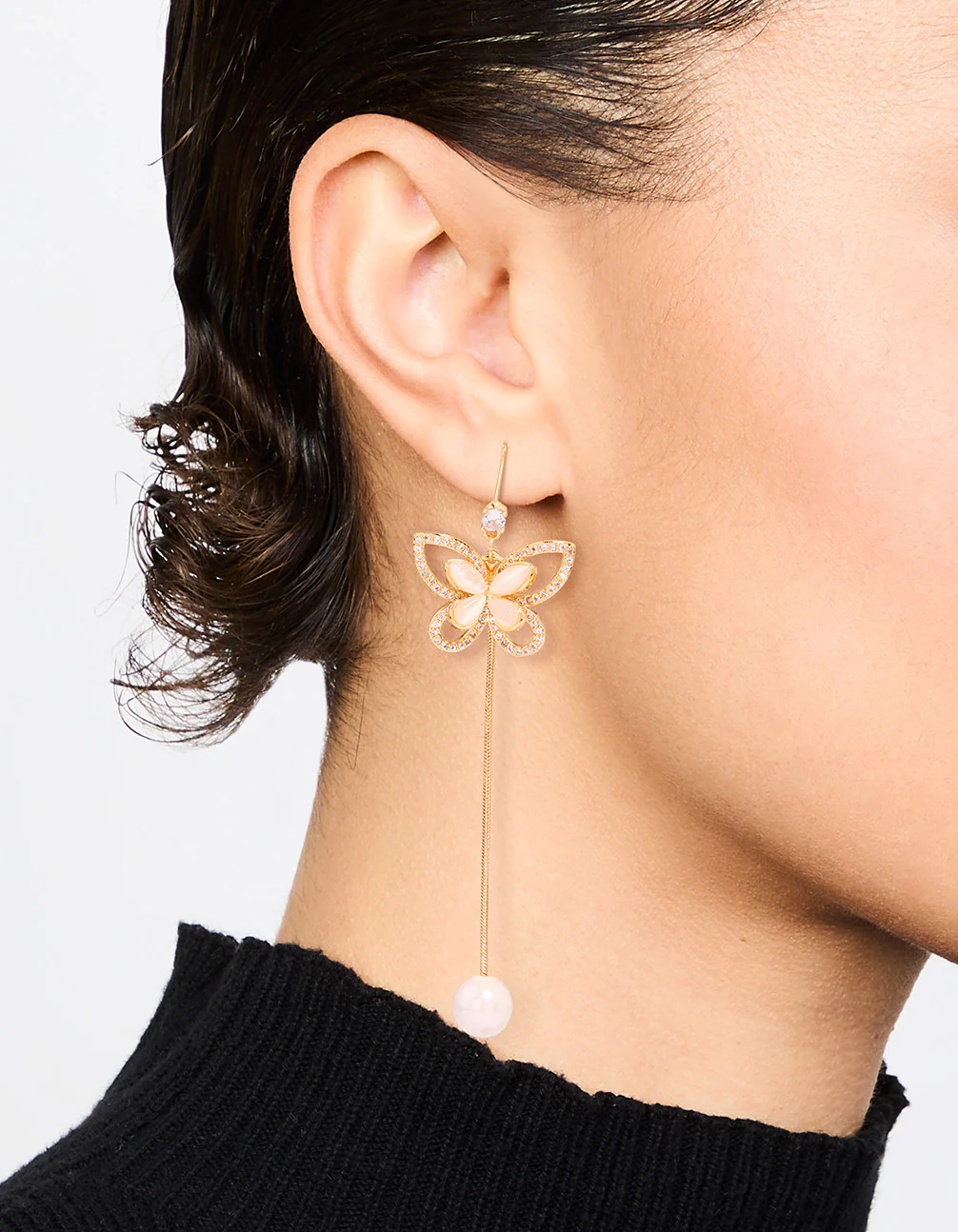 Gold Plated Pearl Butterfly Long Drop Earrings - Image 2
