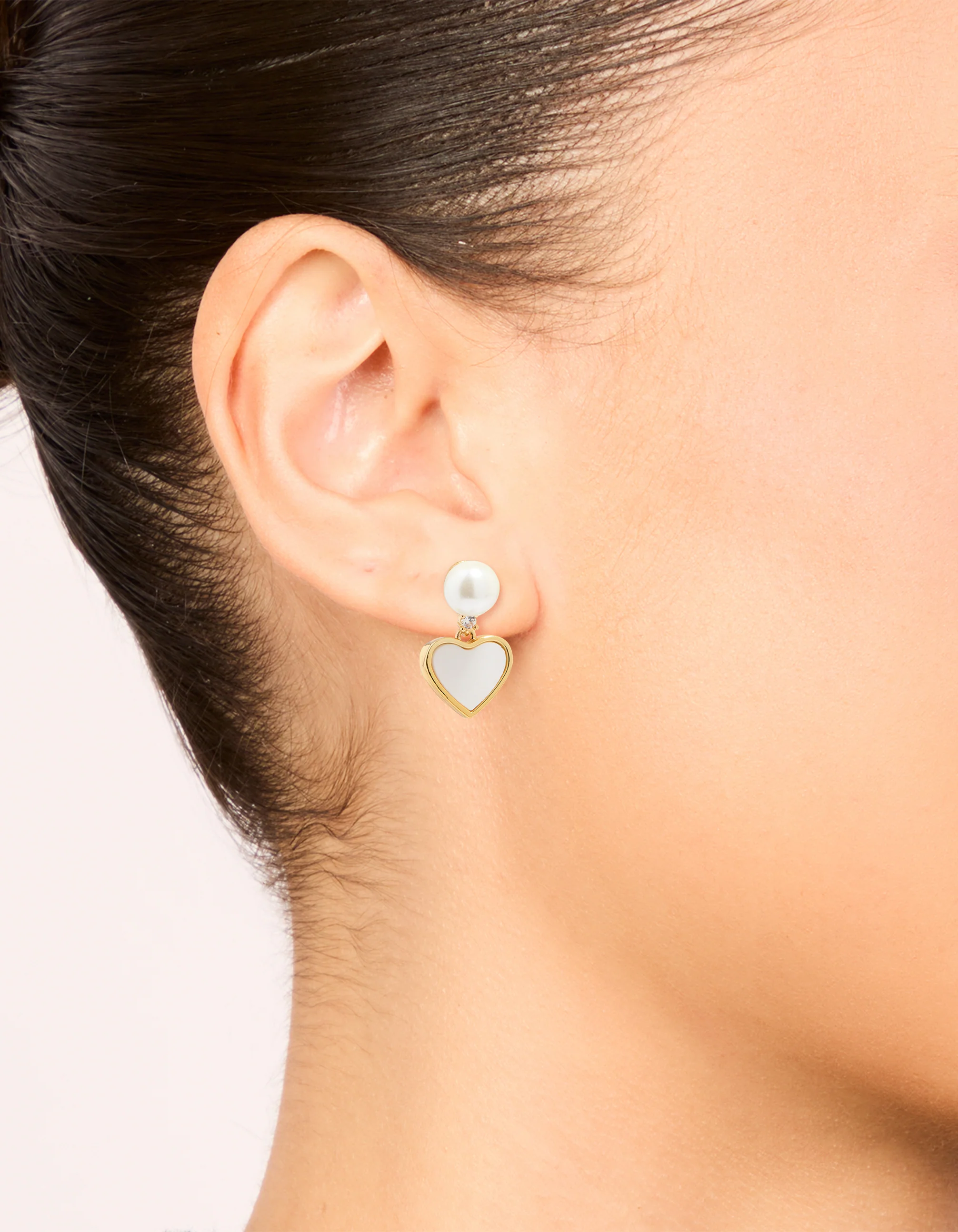Gold Plated Pearl Catseye Heart Drop Earrings - Image 2