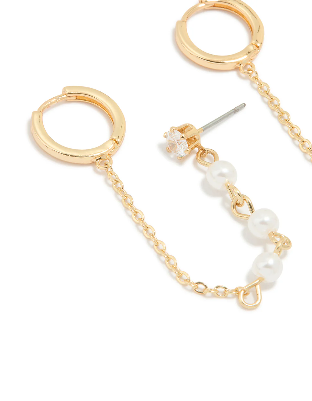 Gold Plated Pearl Chain Huggie Earrings - Image 2