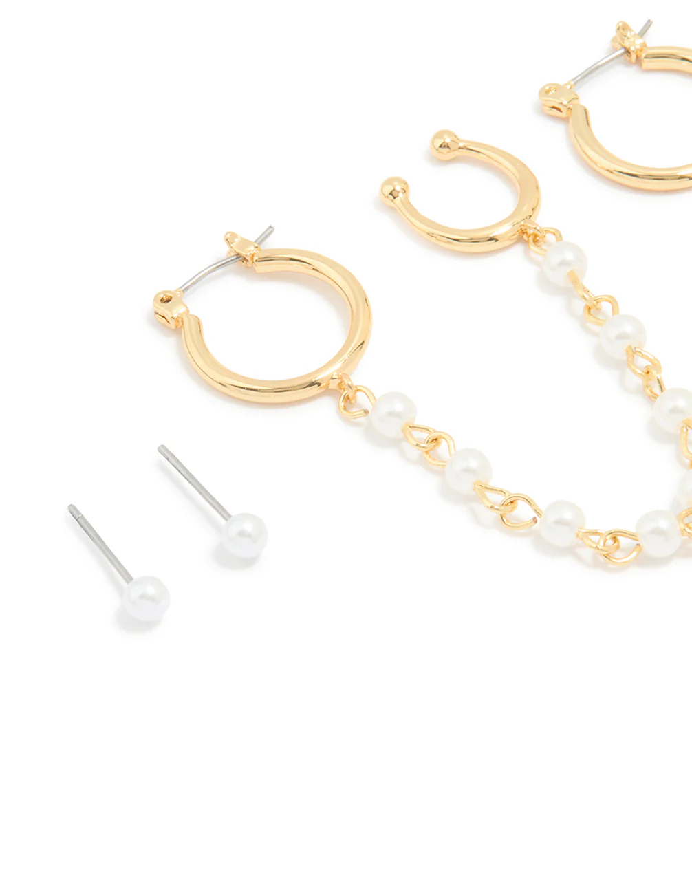 Gold Plated Pearl Chain & Huggie Earrings 3-Pack - Image 2