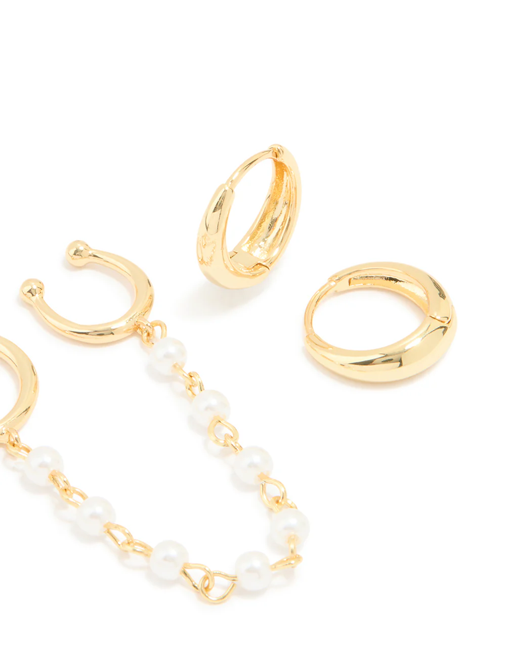 Gold Plated Pearl Chain & Huggie Earrings 3-Pack - Image 3