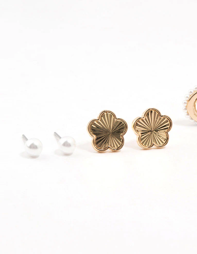 Gold Pearl & Flower Earrings 4-Pack - Image 2