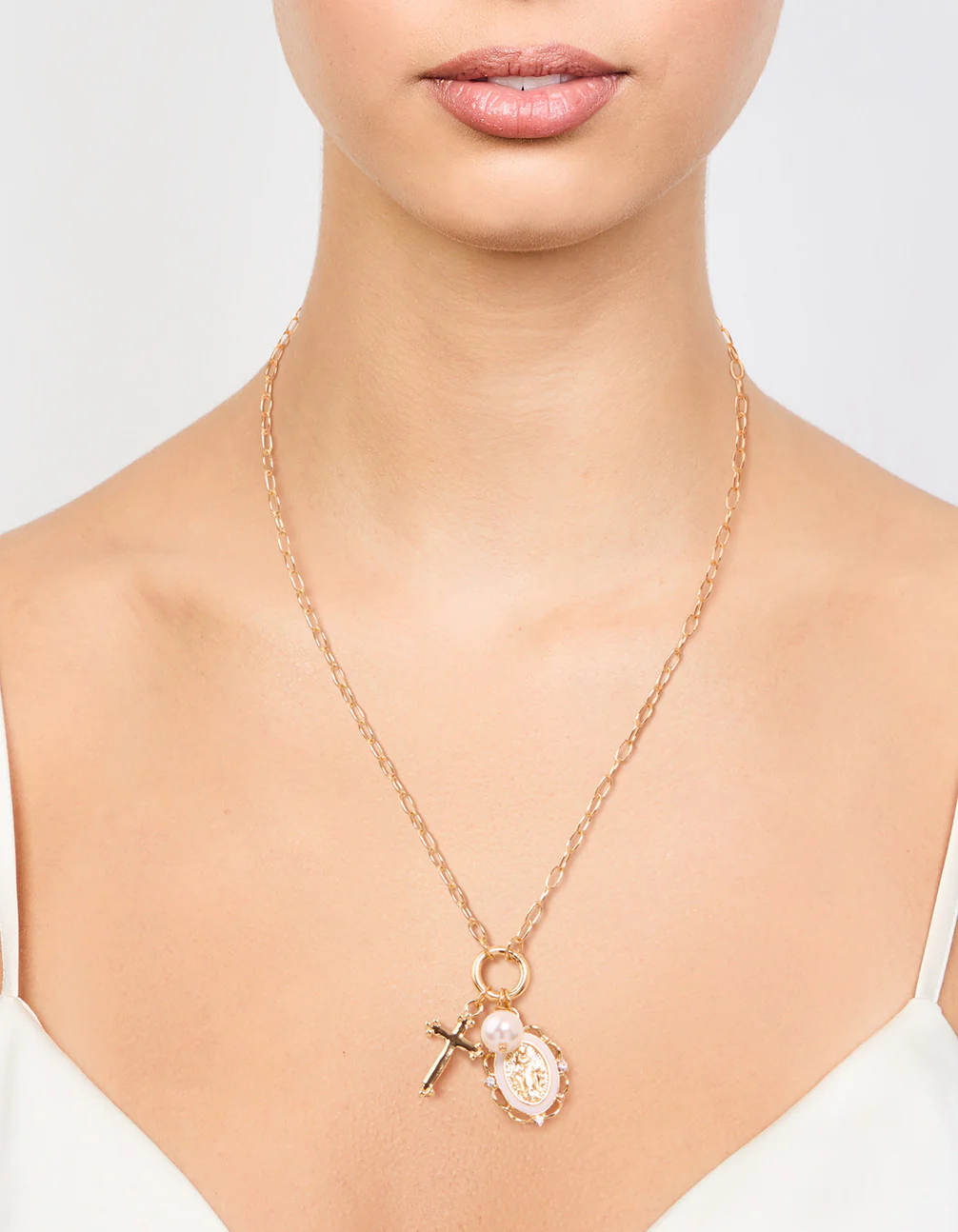 Gold Plated Pearl Cross Necklace - Image 2