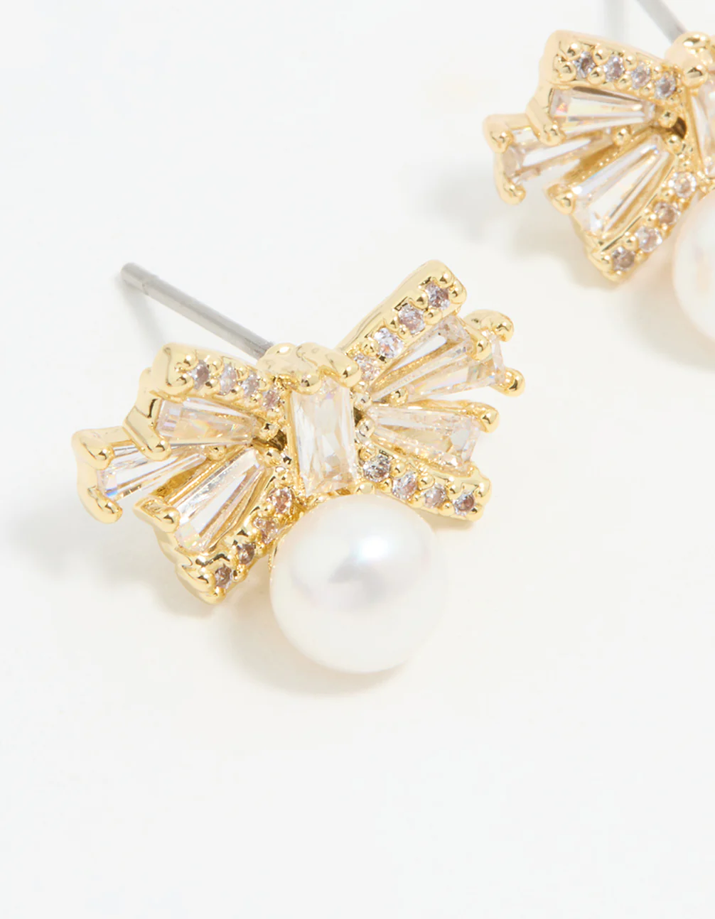 Gold Plated Pearl & Cubic Zirconia Bow Baguette Drop Earrings - Image 4
