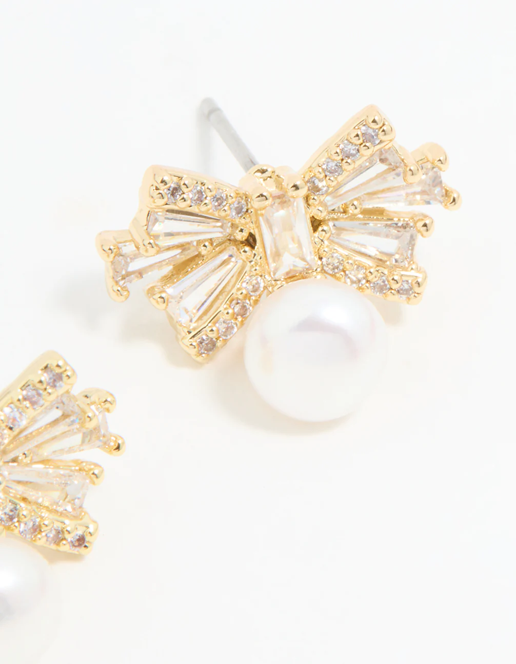 Gold Plated Pearl & Cubic Zirconia Bow Baguette Drop Earrings - Image 5