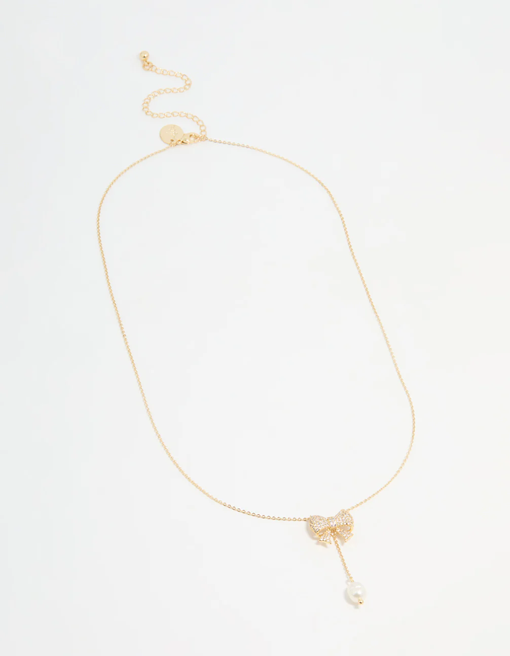 Gold Plated Pearl & Cubic Zirconia Chunky Bow Y-Necklace - Image 4