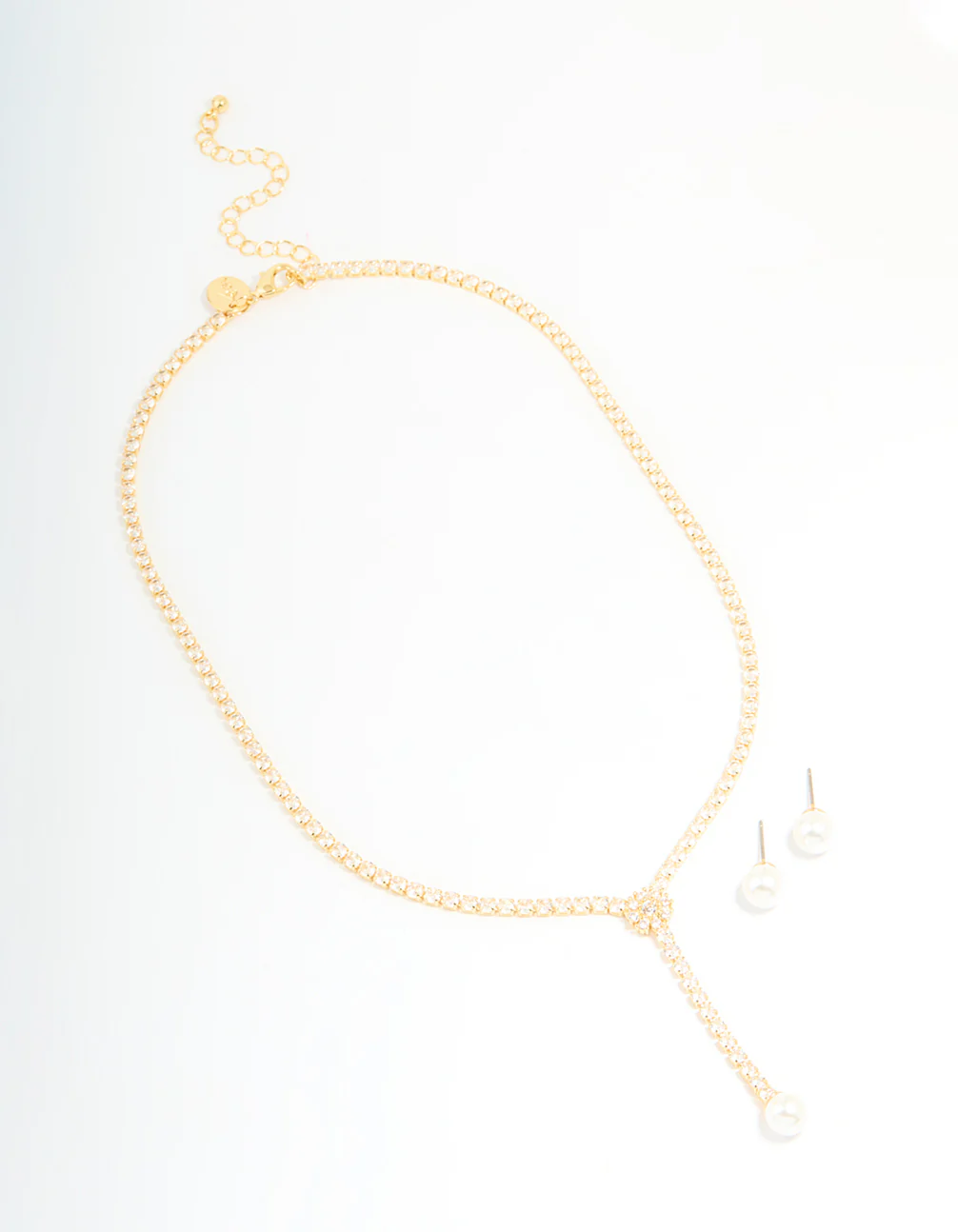 Gold Plated Pearl Flower Cubic Zirconia Y-Necklace & Earrings Set - Image 2