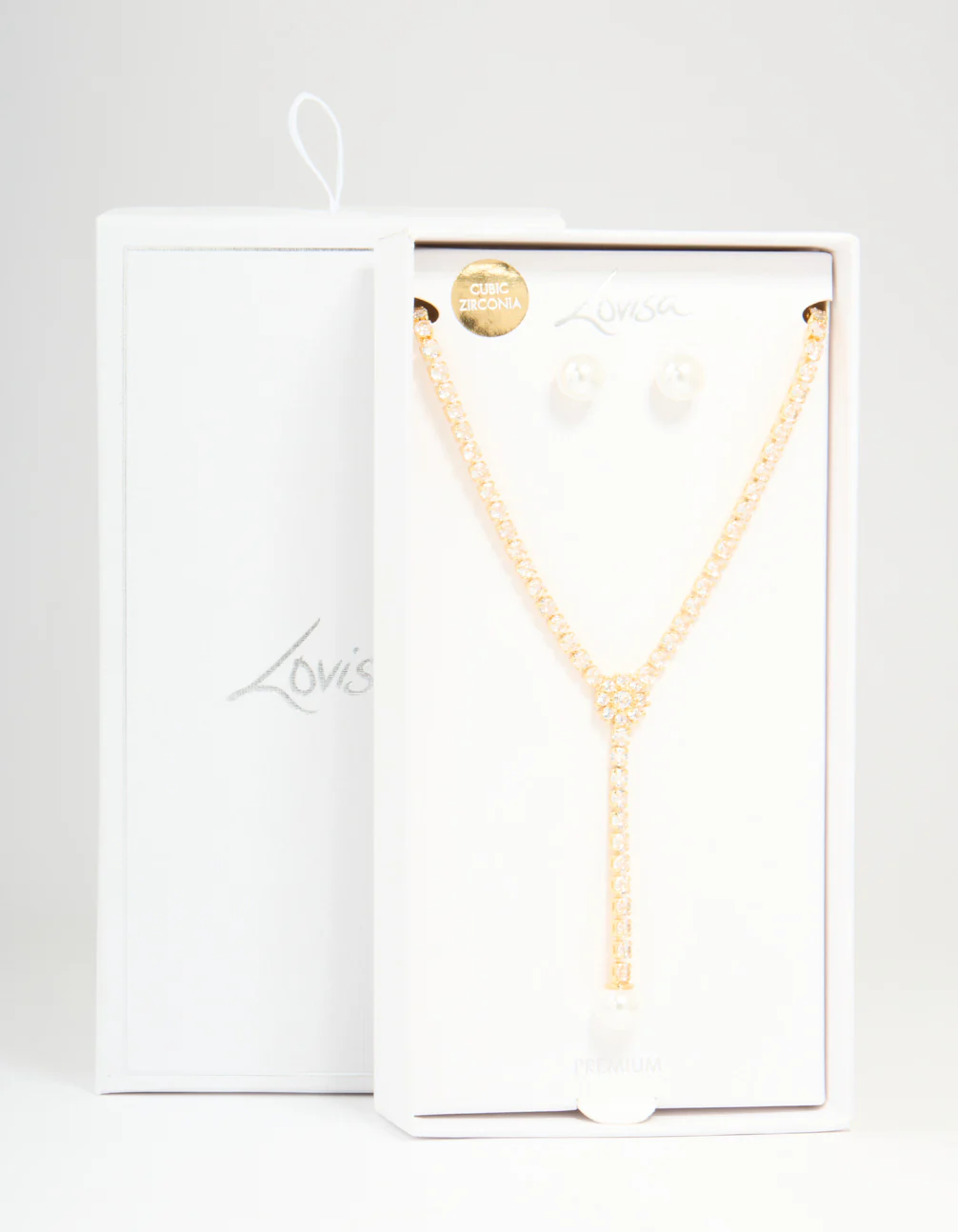 Gold Plated Pearl Flower Cubic Zirconia Y-Necklace & Earrings Set - Image 3