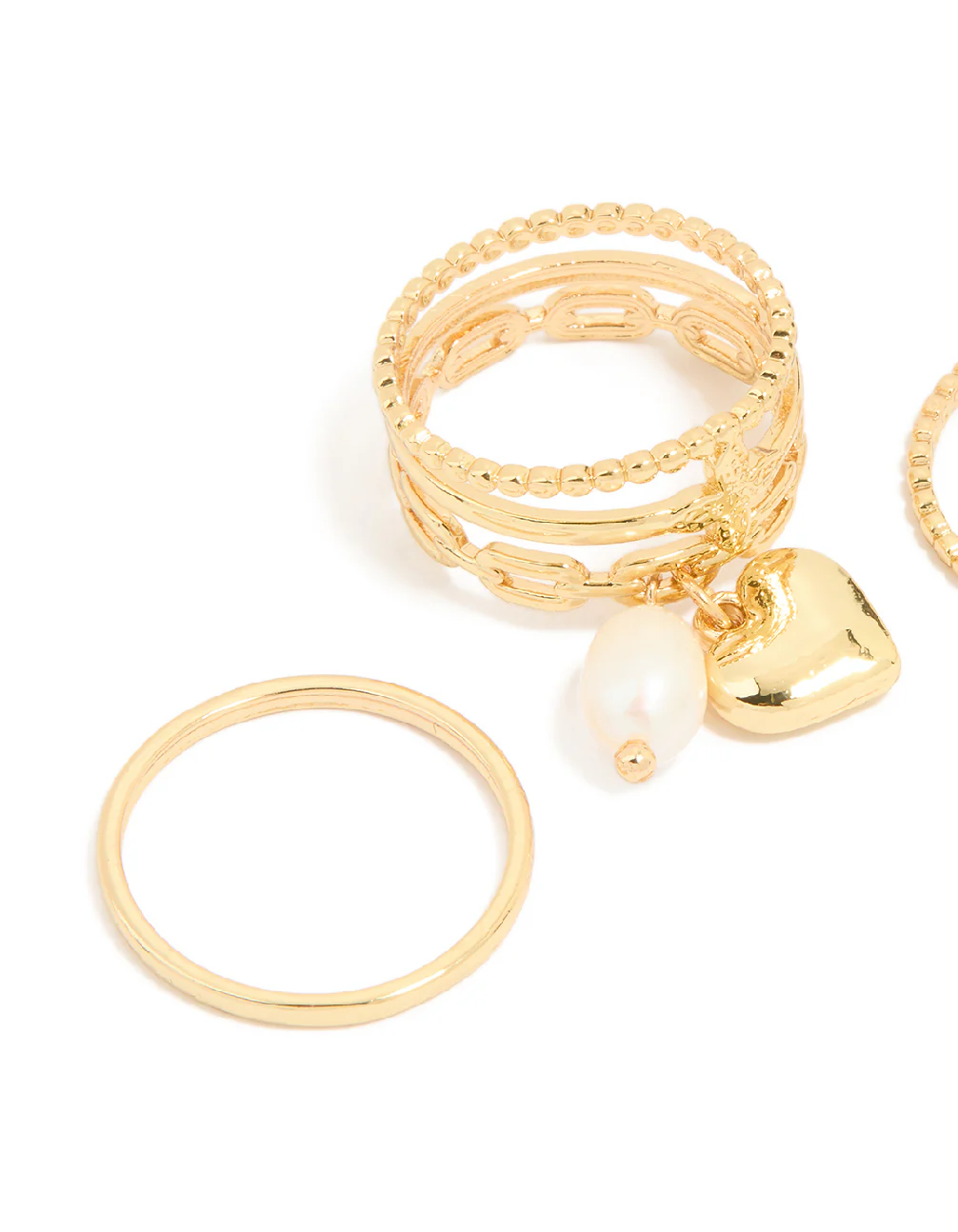 Gold Plated Pearl Heart Charm & Textured Rings 3-Pack - Image 2
