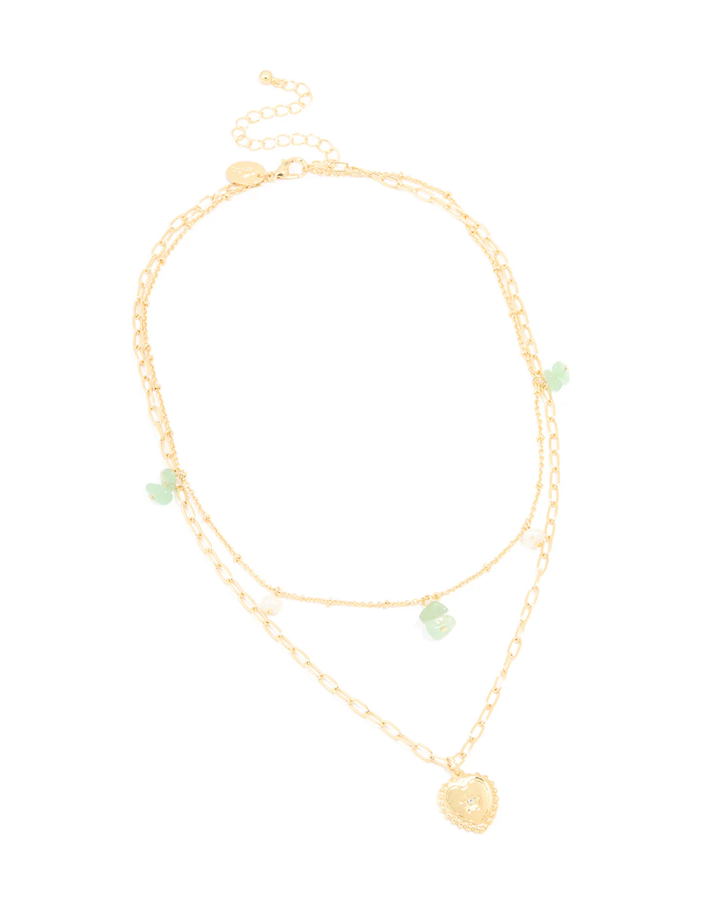 Gold Plated Pearl Semi Precious Stones & Heart Charm Layered Necklace - Image 2