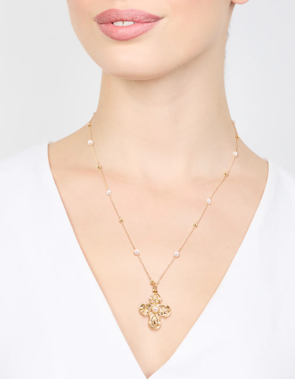 Gold Plated Pearl Station Cross Necklace - Image 2