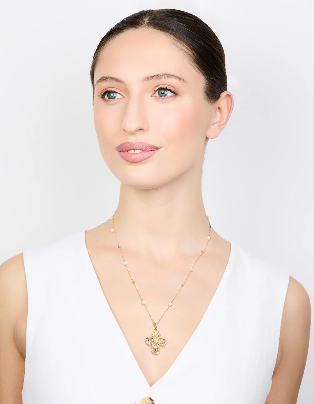 Gold Plated Pearl Station Cross Necklace - Image 3
