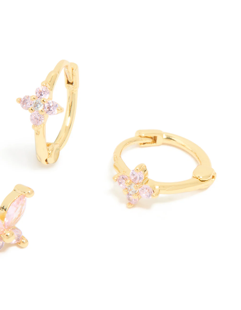Gold Plated Pink Cubic Zirconia Butterfly Huggie & Stud Earrings 2-Pack - Image 3