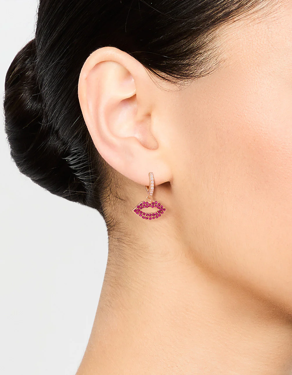 Gold Plated Pink Diamante Lips Huggie Earrings - Image 2
