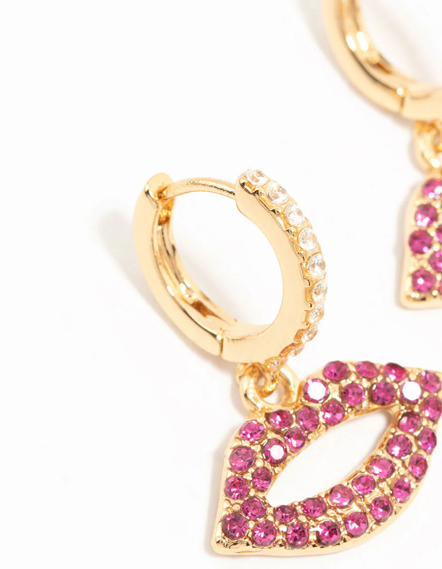 Gold Plated Pink Diamante Lips Huggie Earrings - Image 4