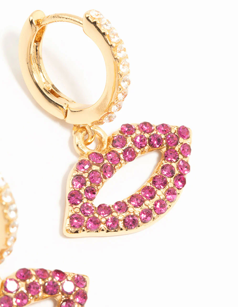 Gold Plated Pink Diamante Lips Huggie Earrings - Image 5