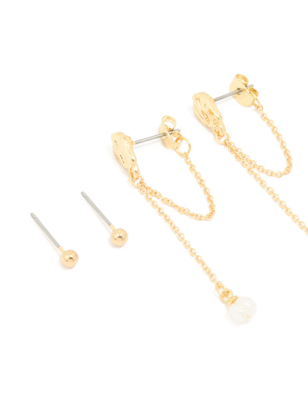 Gold Plated Pink Semi Precious Stone Pearl Stud & Chain Earrings 4-Pack - Image 2