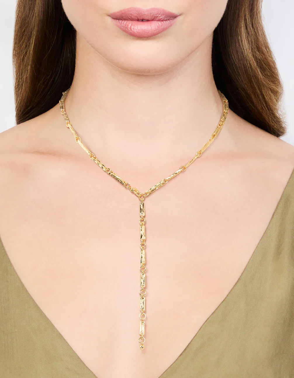 Gold Plated Rectangle & Hammered Y-Necklace - Image 2