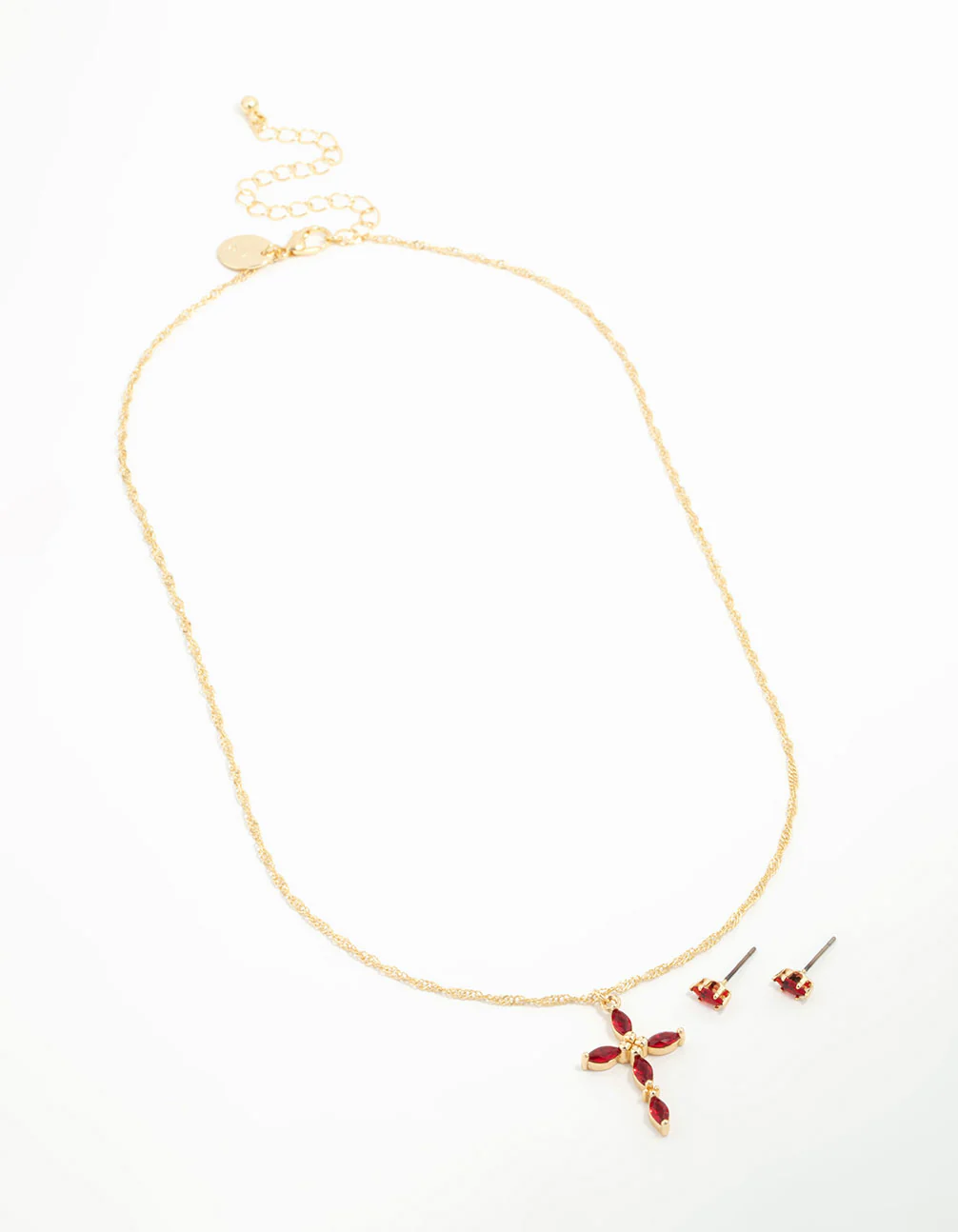 Gold Plated Red Diamante Pointed Cross Necklace & Stud Earrings Set - Image 2