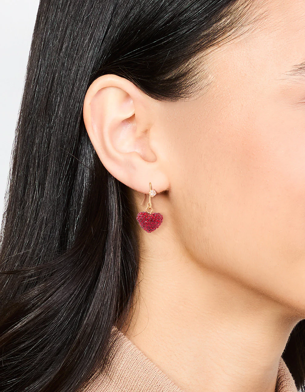 Gold Plated Red Diamante Puffy Heart Drop Earrings - Image 2