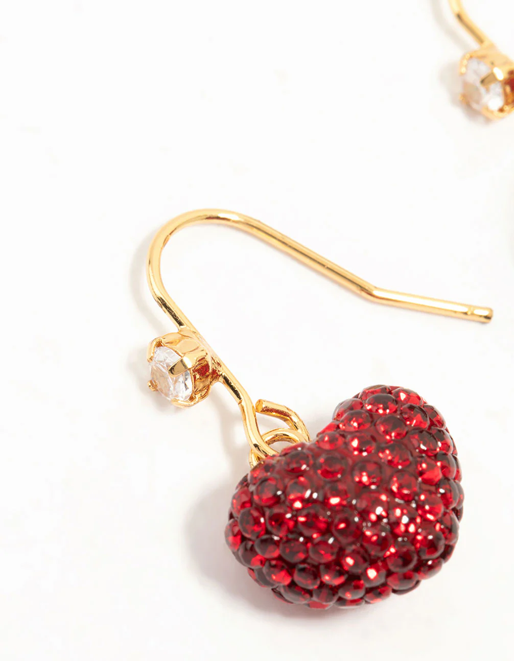 Gold Plated Red Diamante Puffy Heart Drop Earrings - Image 4