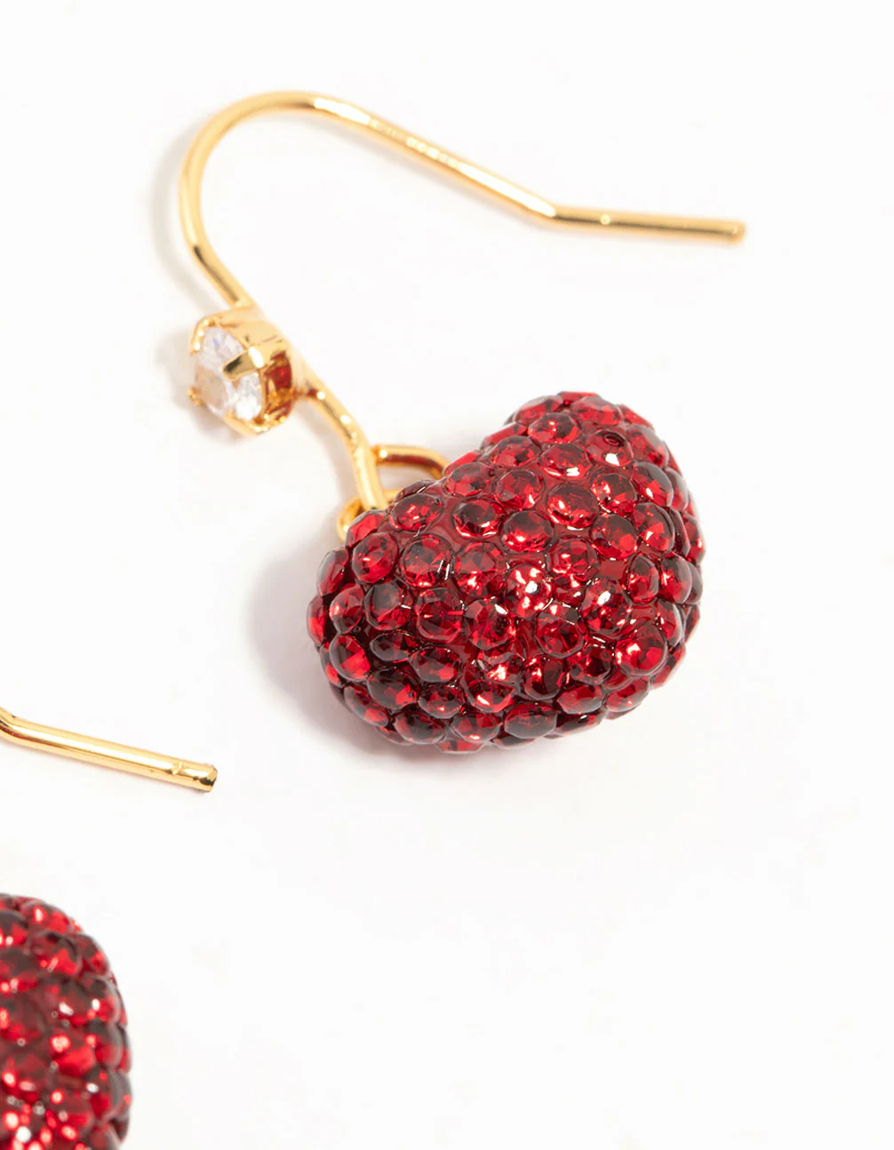 Gold Plated Red Diamante Puffy Heart Drop Earrings - Image 5
