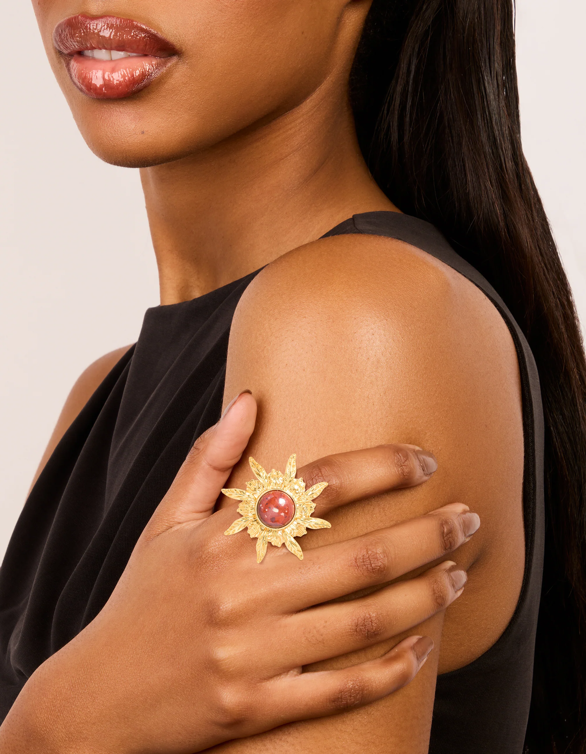 Gold Plated Red Stone Textured Sun Boho Ring - Image 3