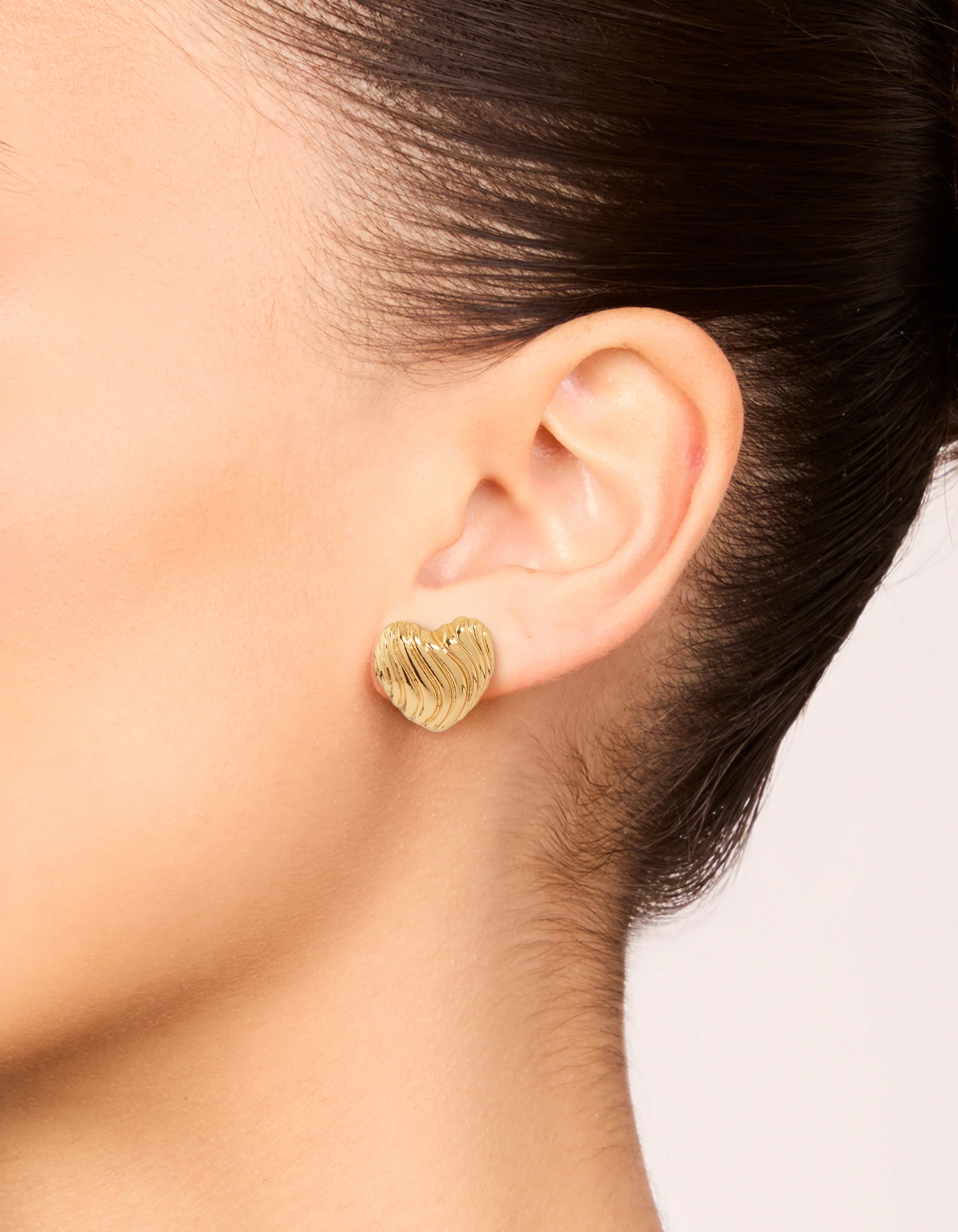 Gold Plated Ribbed Heart Stud Earrings - Image 2
