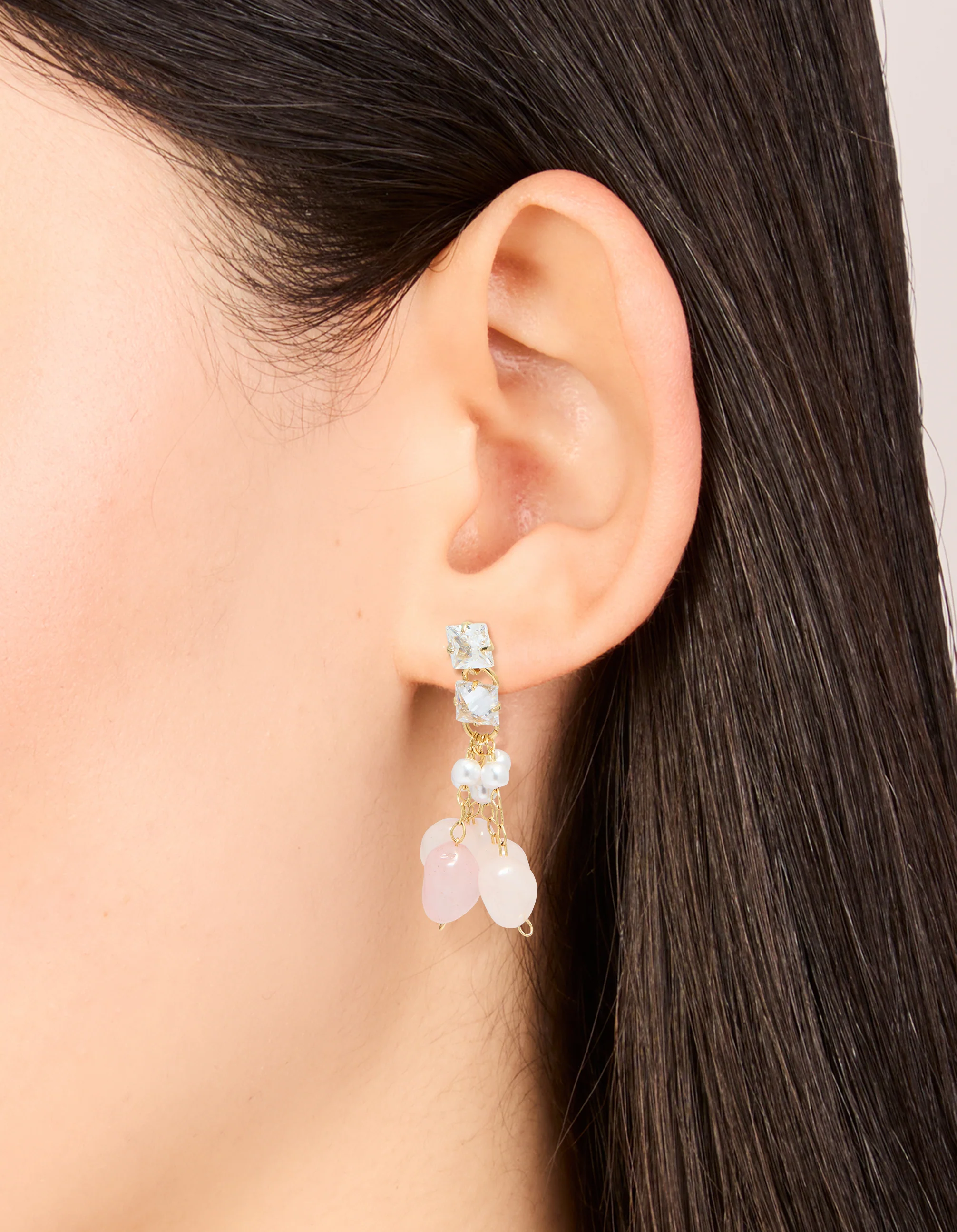 Gold Plated Rose Quartz Chip Cubic Zirconia Drop Earrings - Image 2