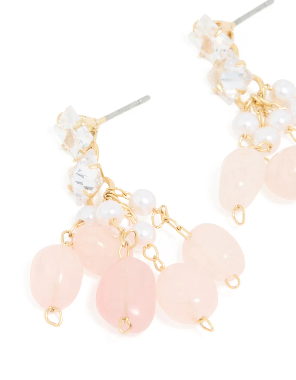 Gold Plated Rose Quartz Chip Cubic Zirconia Drop Earrings - Image 3