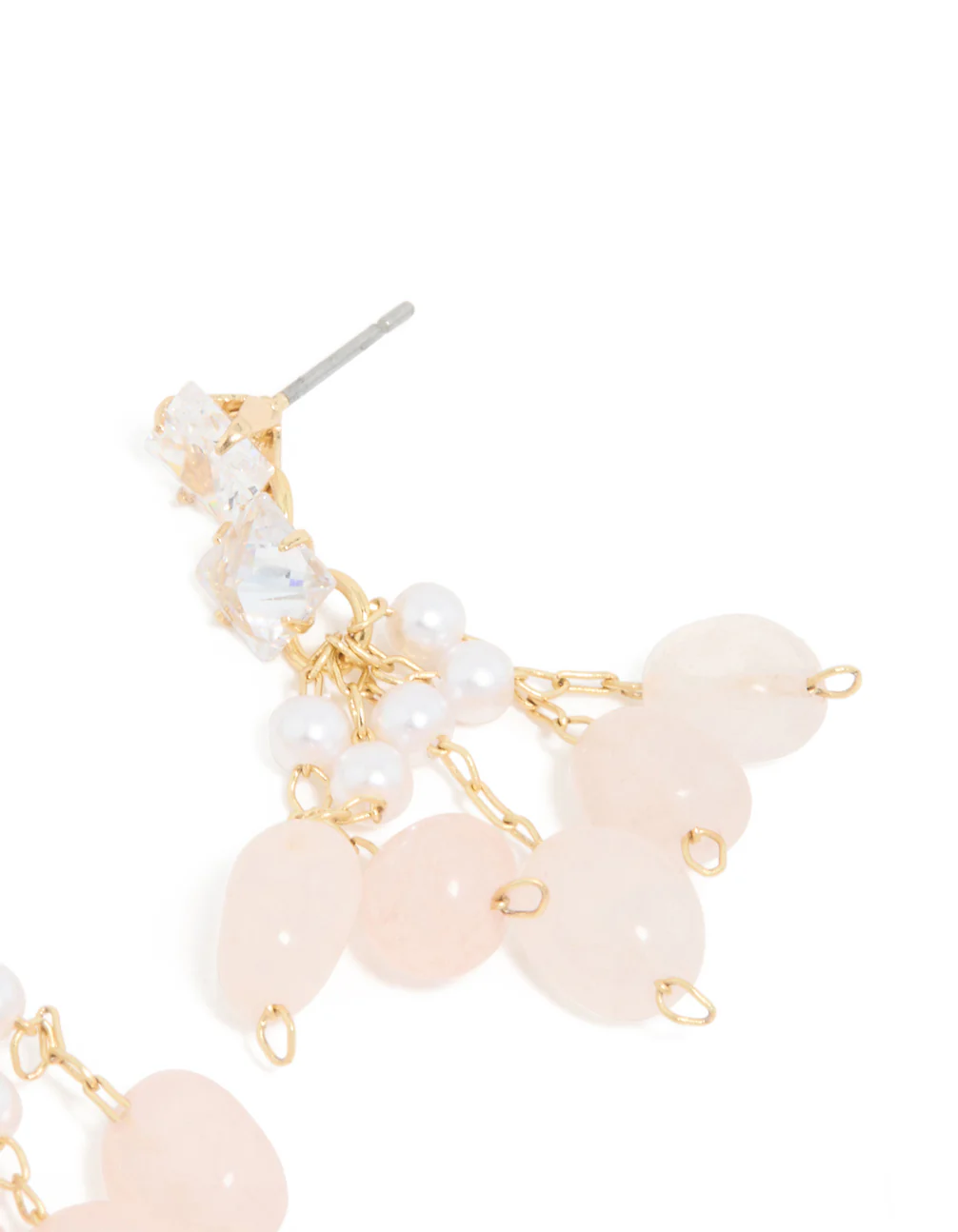 Gold Plated Rose Quartz Chip Cubic Zirconia Drop Earrings - Image 5
