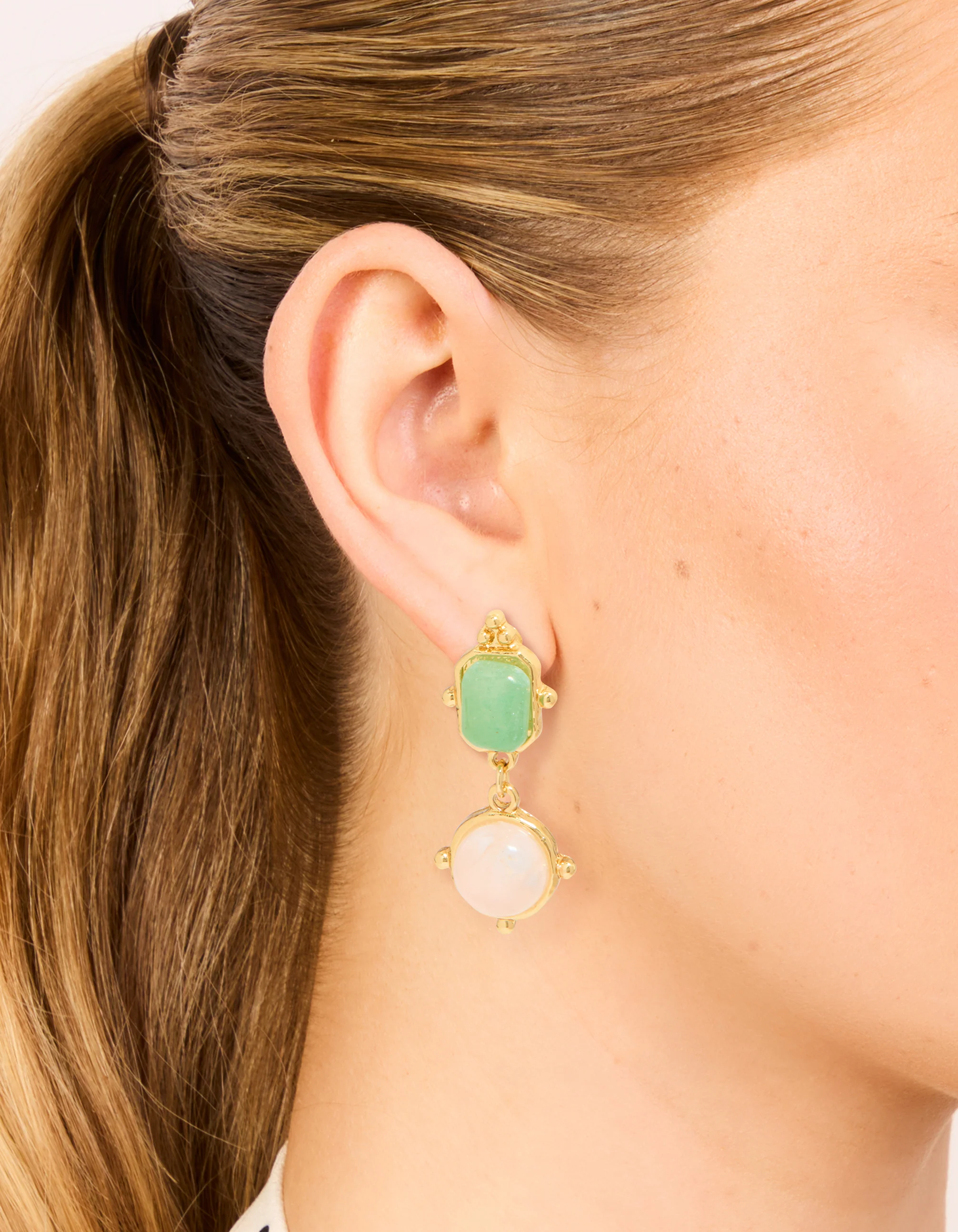 Gold Plated Rose Quartz & Green Semi Precious Stone Detail Outline Drop Earrings - Image 2