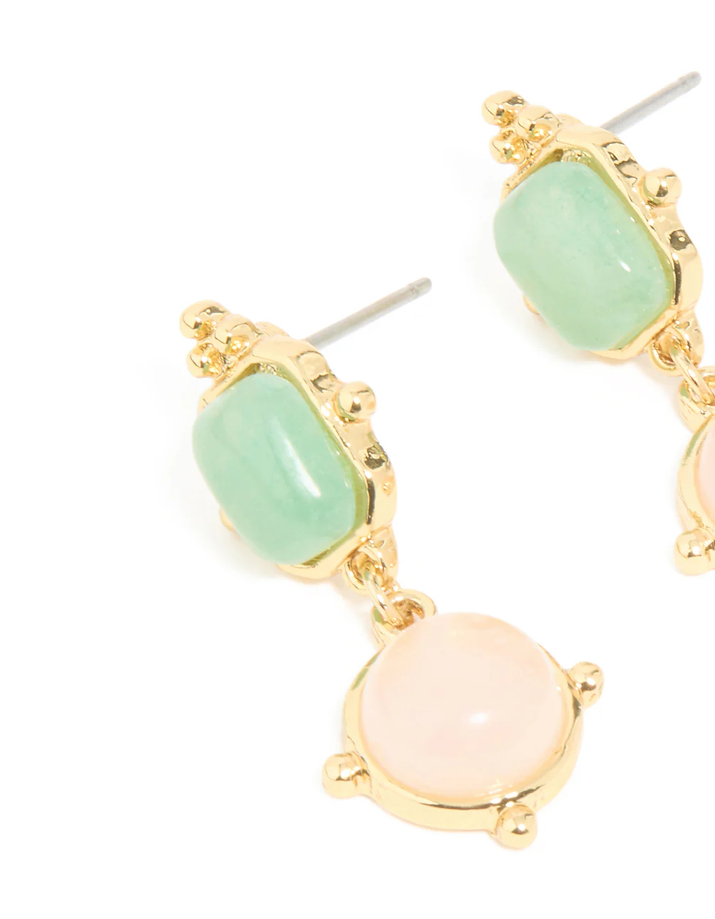 Gold Plated Rose Quartz & Green Semi Precious Stone Detail Outline Drop Earrings - Image 3