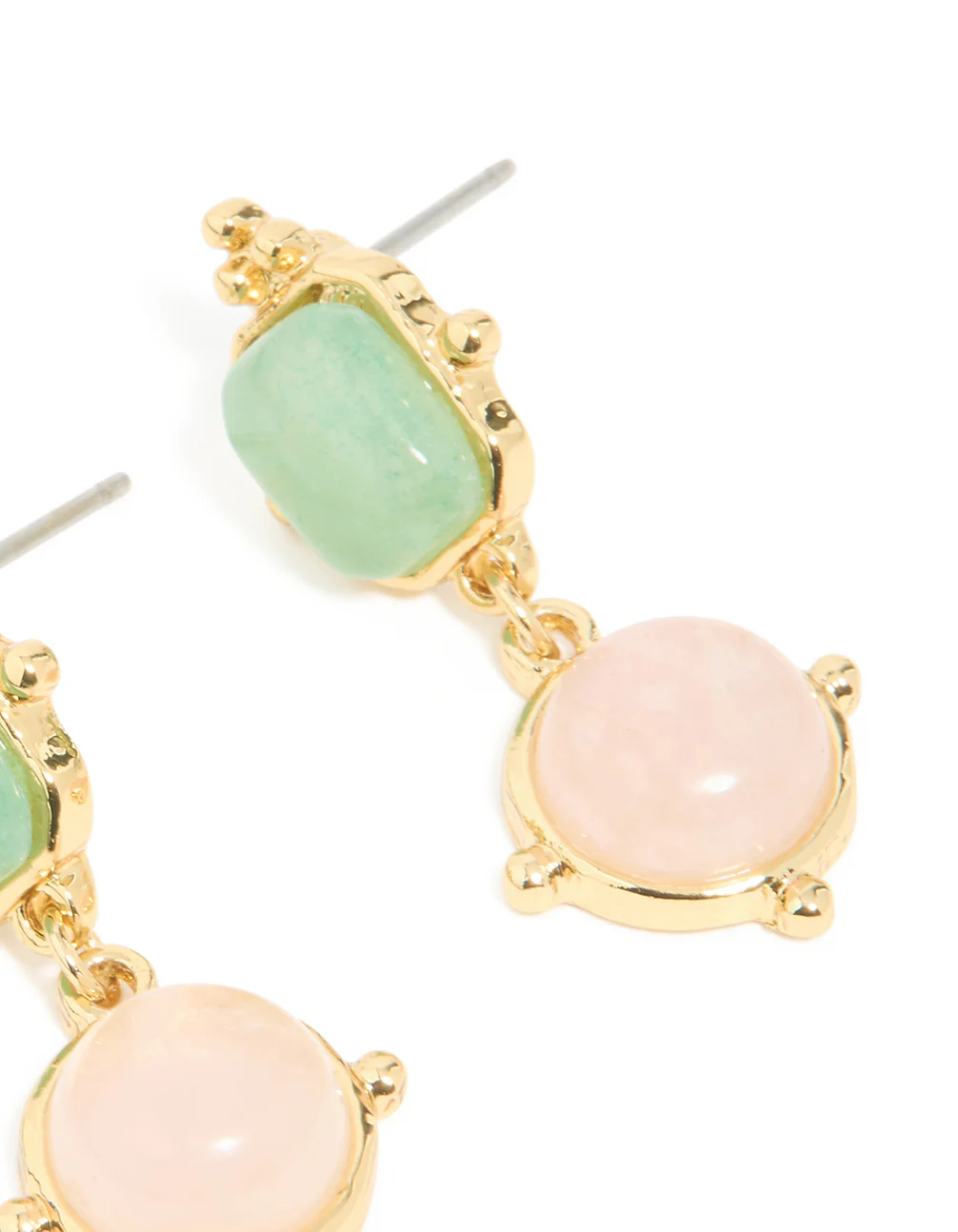 Gold Plated Rose Quartz & Green Semi Precious Stone Detail Outline Drop Earrings - Image 5