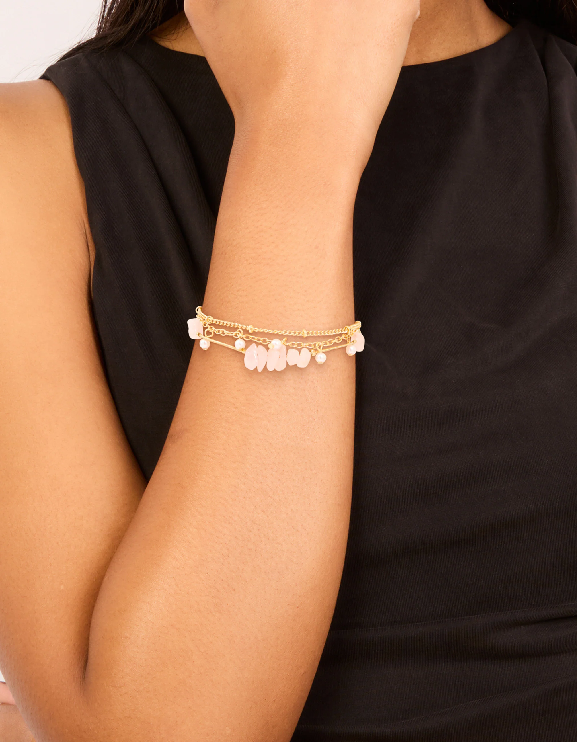 Gold Plated Rose Quartz & Pearl Chain Layered Bracelet - Image 2