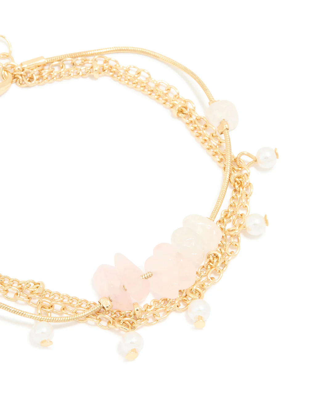 Gold Plated Rose Quartz & Pearl Chain Layered Bracelet - Image 3