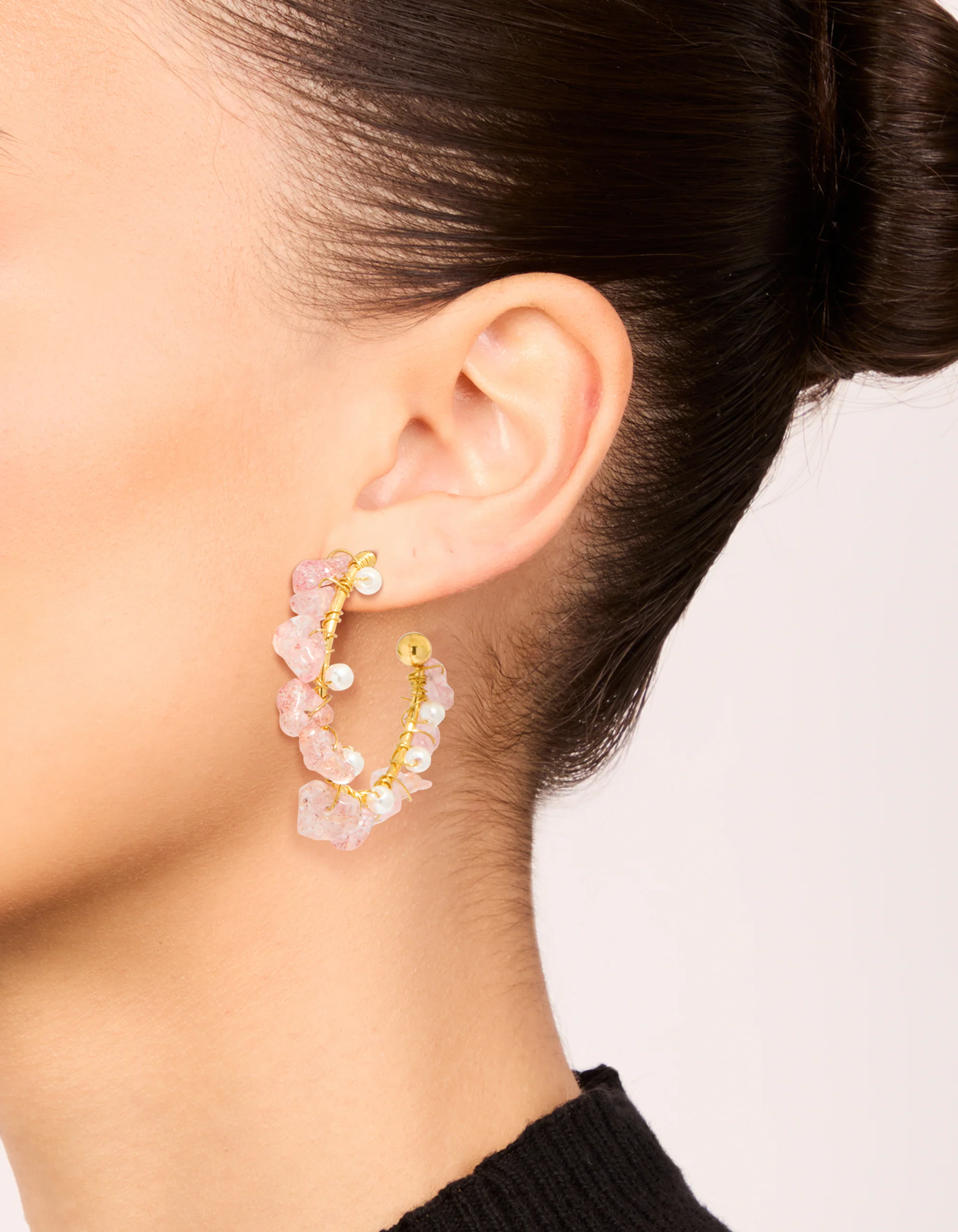 Gold Plated Rose Quartz Pearl Hoop Earrings - Image 2