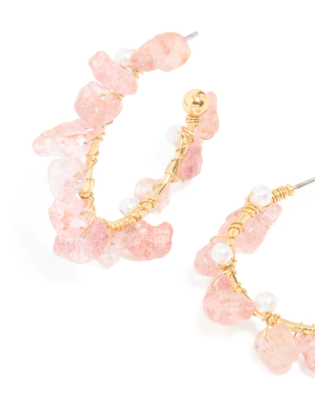 Gold Plated Rose Quartz Pearl Hoop Earrings - Image 3