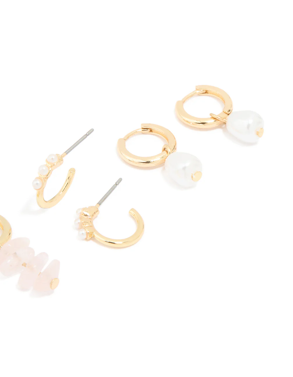 Gold Plated Rose Quartz & Pearl Huggie Earrings 4-Pack - Image 3