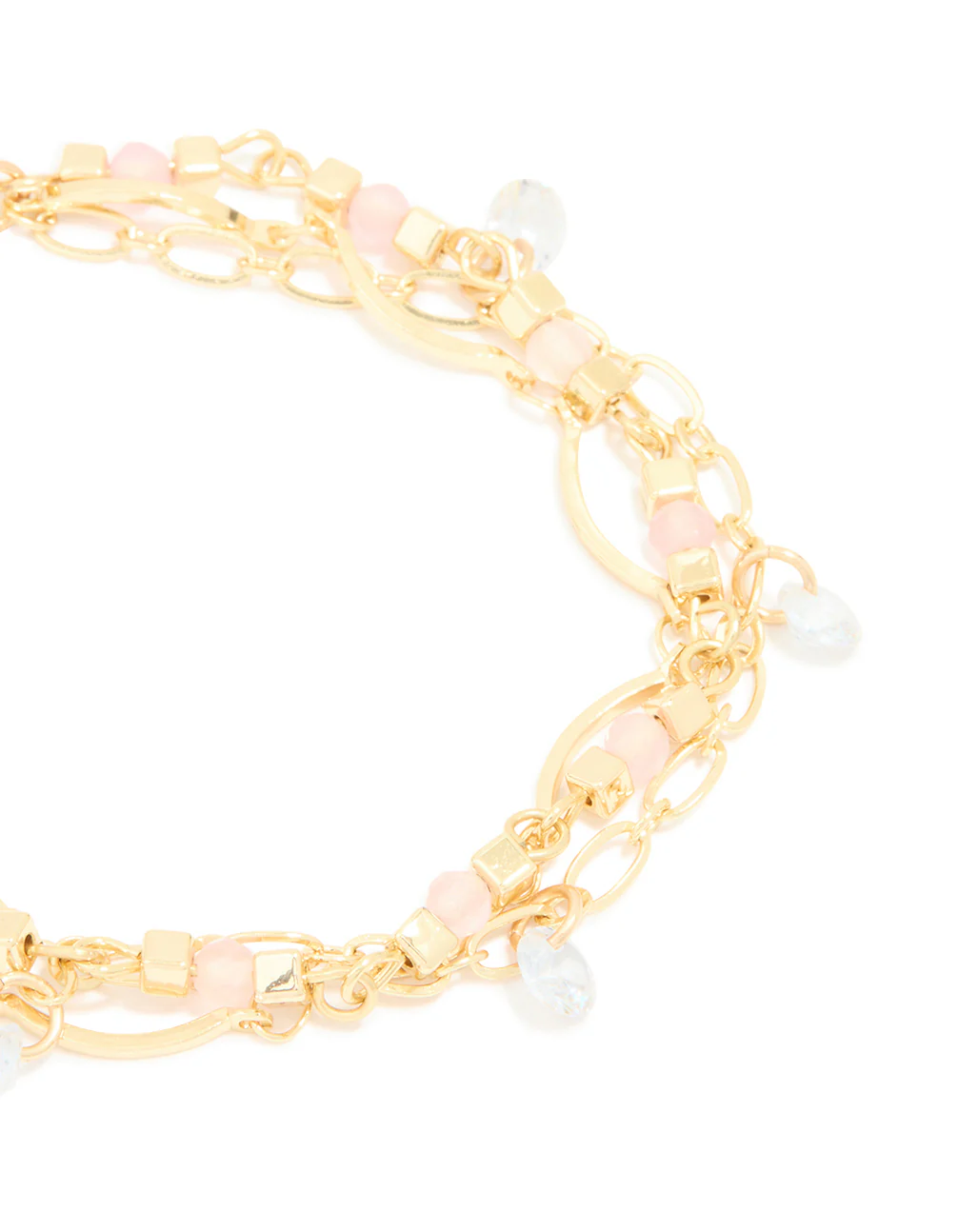 Gold Plated Rose Quartz & Pearl Layered Chain Bracelet - Image 3