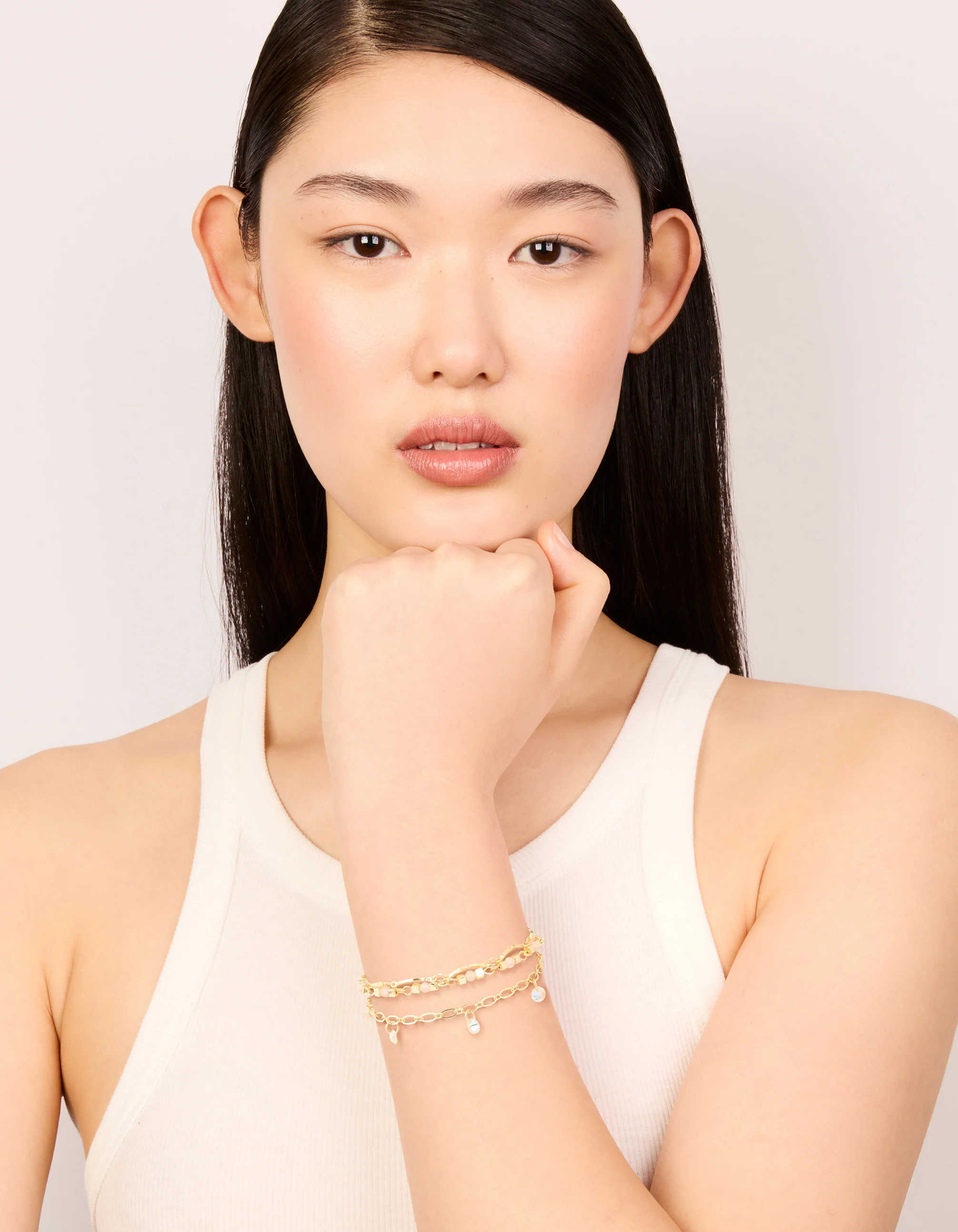Gold Plated Rose Quartz & Pearl Layered Chain Bracelet - Image 4