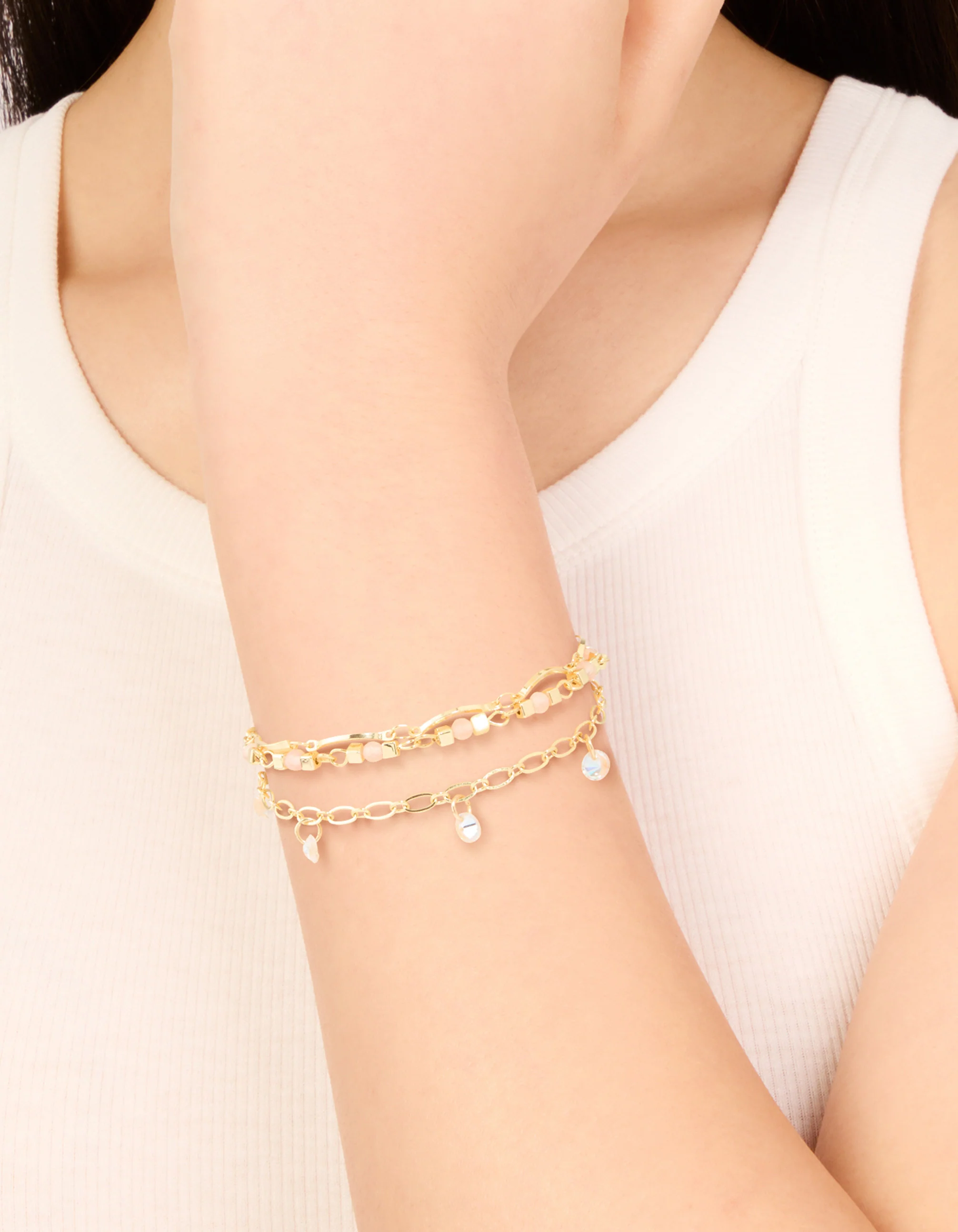 Gold Plated Rose Quartz & Pearl Layered Chain Bracelet - Image 6