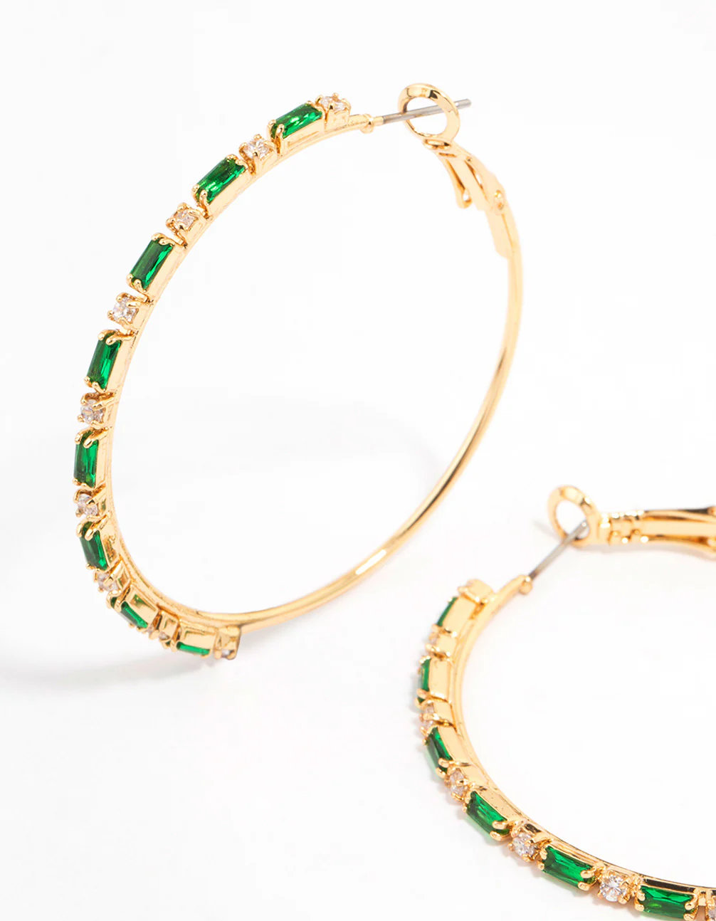 Gold Plated Emerald Round & Baguette Large Hoop Earrings - Image 2